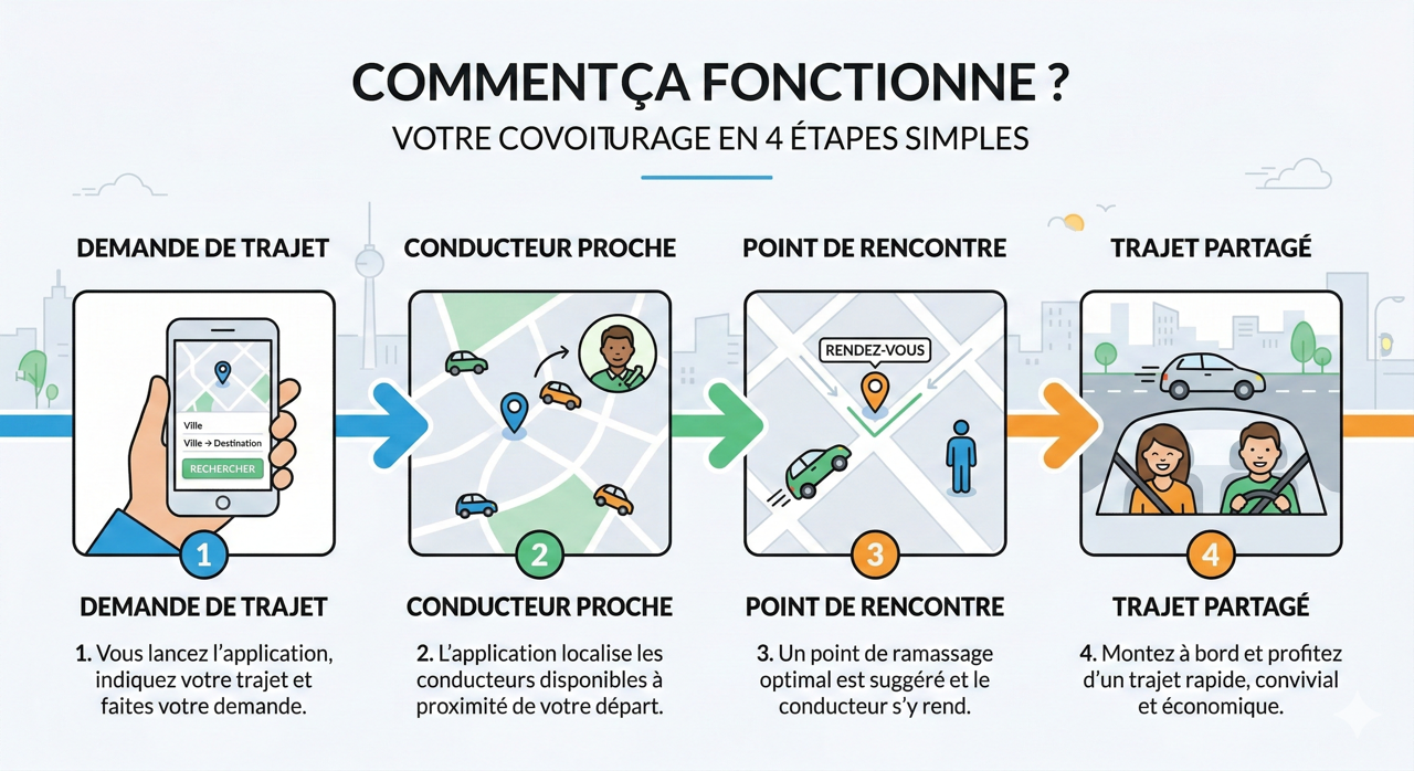 Infographie des quatre étapes du covoiturage en temps réel